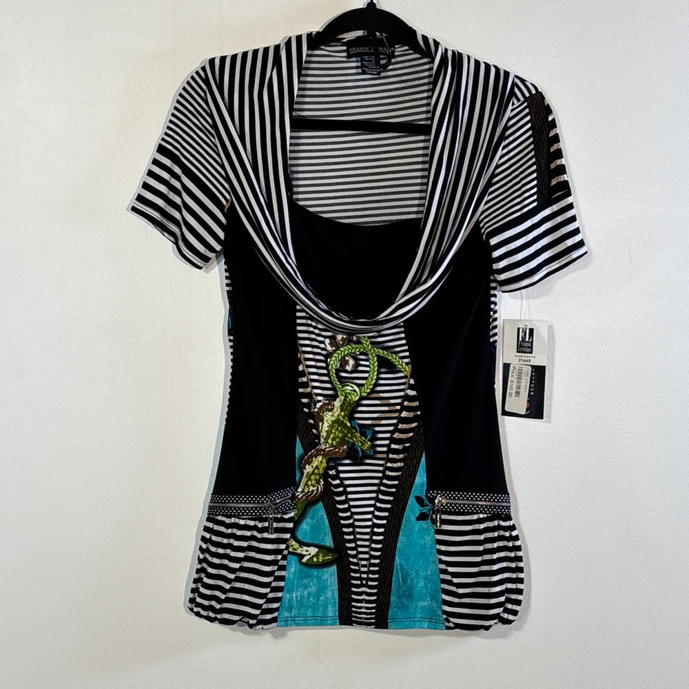 Frank Lyman Tunic Top Women’s Size 4 Black White Striped Cowl Neck Zippers Blue
